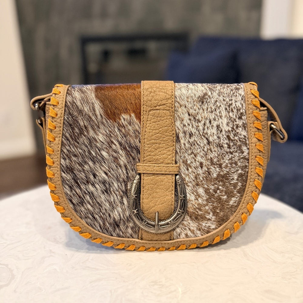 Trinity Ranch Western Hair-On Cowhide Saddle Crossbody Khaki